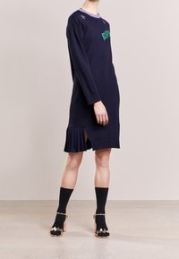 Abito lavorato a maglia blu navy con colletto a girocollo a coste, caratterizzato da ricami verdi e orlo a pieghe. Abbinato a calze nere e tacchi con cinturini dorati.