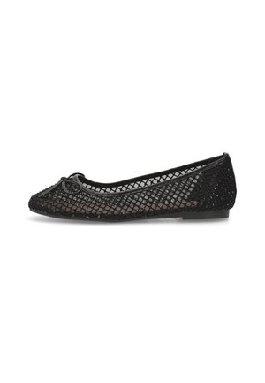 Zapatos de ballet de malla negra con punta redondeada, que cuentan con un lazo decorativo en la parte frontal y una suela plana, mostrando un diseño abierto y transpirable.