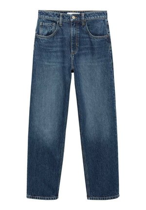 Denim jeans with a straight-leg fit, deep blue color, five pockets, and a button closure, featuring stitching and a slight faded texture.