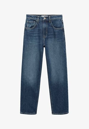 Denim jeans with a straight-leg fit, deep blue color, five pockets, and a button closure, featuring stitching and a slight faded texture.