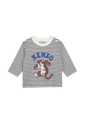 T-shirt à manches longues pour tout-petit blanc et noir à rayures avec texte bleu "KENZO" et motif léopard ludique sur le devant, boutons-pression à l'épaule.