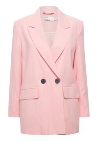 Rosa dobbeltradet blazer med notch revers, to sorte knapper og to frontlommer. Struktureret design og glat stoftekstur.