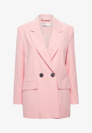 Roosa topeltkrõpsuga bleiser, millel on nurgelised kraed, kaks musta nuppu ja kaks esikot. Struktureeritud disain ja sile kangast tekstuur.