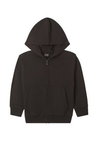 Felpa nera con zip, realizzata in tessuto morbido, con tasca frontale, polsini a coste e cappuccio foderato. Design semplice e funzionale.