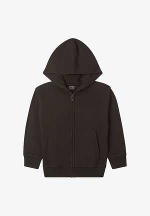 Felpa nera con zip, realizzata in tessuto morbido, con tasca frontale, polsini a coste e cappuccio foderato. Design semplice e funzionale.