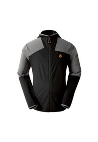 Veste noire avec panneaux d'épaule gris, zip intégral et capuche ; présente des accents orange et un logo de marque sur la poitrine. Texture lisse.