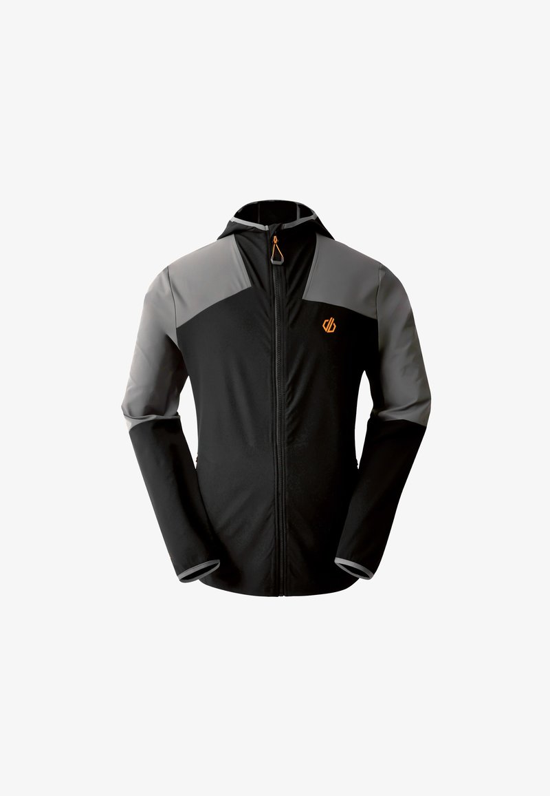Veste noire avec panneaux d'épaule gris, zip intégral et capuche ; présente des accents orange et un logo de marque sur la poitrine. Texture lisse.