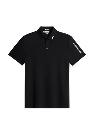 Polo noir slim fit avec trois boutons, avec le texte « J.LINDEBERG » sur la manche droite et le logo sur le col.