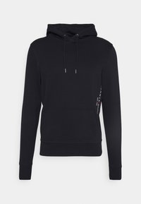 Schwarze Kapuzenjacke aus glattem Stoff, mit einer vorderen Tasche, Kordelzugkapuze und seitlichem Logodetail. Lange Ärmel mit gerippten Bündchen.