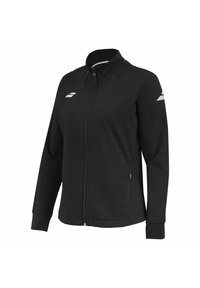 Chaqueta negra con cierre de cremallera fabricada en tejido suave, con cuello alto, mangas largas y detalles de marca en blanco en los hombros.