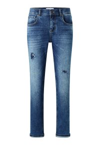Modré džíny z denimu se střihem rovného střihu, s obnošenými záplatami na kolenou, pěti kapsami a ohrnutými lemy. Rovnoměrně opotřebovaný vzhled.