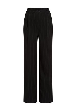 Black pinstriped trousers with a straight leg design, featuring a button closure, belt loops, and a smooth fabric texture.