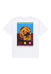 White cotton t-shirt featuring a graphic print of a skull with colored circles, text above and below in pink and yellow against a blue background.