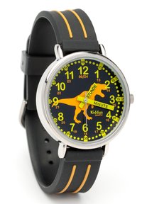 Montre analogique ronde avec un bracelet en silicone noir orné de rayures jaunes. Le cadran est noir avec des marqueurs d'heure et des aiguilles vibrantes jaunes et oranges.