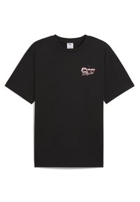 Sort bomulds T-shirt med korte ærmer, der har et farverigt Puma-logo på brystet. Enkel design og standard rund hals.
