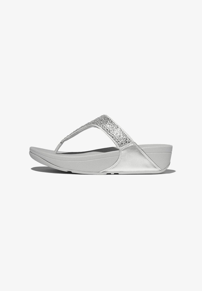 Grijze flip-flop sandaal met een glinsterende zilveren accentriem. Gemaakt van gestructureerde synthetische materialen, met een gevoerde zool.