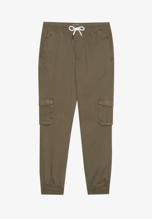 Khaki Cargo-Hosen mit elastischem Bund und Kordelzug, aus seitlichen Taschen und umgeschlagenen Knöcheln. Hergestellt aus einem strukturierten, leichten Material.