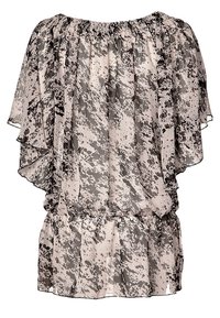 Przezroczysta, lekkia bluzka w stonowanym różowym i czarnym abstrakcyjnym wzorze. Posiada marszczony dekolt, zwiewne rękawy oraz elastyczny pas.