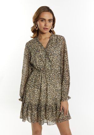 Leopardprint jurk van lichtgewicht stof, met een V-hals, een cinched taille, lange mouwen met gerimpelde manchetten en een gelaagde zoom.