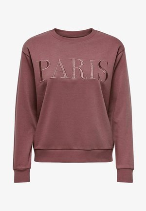 Sweat-shirt bordeaux avec des poignets et un ourlet côtelés, arborant "PARIS" en texte brodé sur le devant. Tissu doux et texturé.