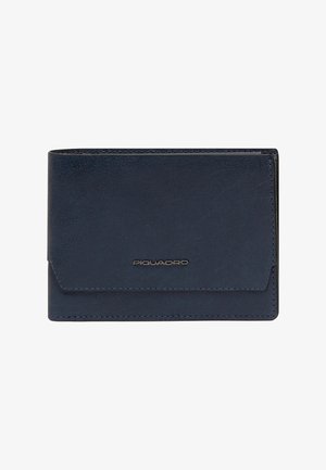 Folded navy blue leather wallet with visible stitching, featuring a small metallic Piquadro logo on front center.