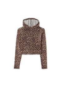 Felpa con cappuccio a maniche lunghe, tagliata, in stampa animale marrone, realizzata in un tessuto leggero e morbido, con cappuccio regolabile con cordino.
