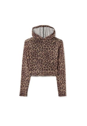 Felpa con cappuccio a maniche lunghe, tagliata, in stampa animale marrone, realizzata in un tessuto leggero e morbido, con cappuccio regolabile con cordino.