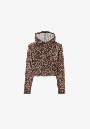 Cropped hoodie met lange mouwen in een bruine dierenprint, gemaakt van een lichte stof met een zachte textuur, voorzien van een koord capuchon.