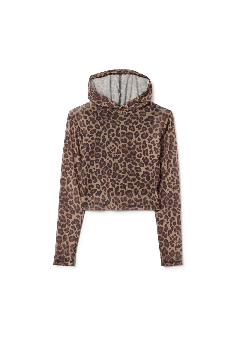 Felpa con cappuccio a maniche lunghe, tagliata, in stampa animale marrone, realizzata in un tessuto leggero e morbido, con cappuccio regolabile con cordino.