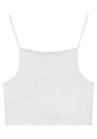 Haut blanc court avec fines bretelles ajustables, présentant un design smocké texturé, offrant un aspect léger et respirant.