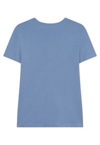 T-shirt in cotone blu con maniche corte, scollatura rotonda e una texture liscia; nessun motivo o decorazione visibile.