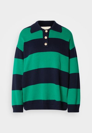 Zeleni i mornarski prugasti pleteni pulover s polo ovratnikom, tri zlatne gumbe te rebrastim manžetama i rubom. Mekana tekstura i opušteni kroj.