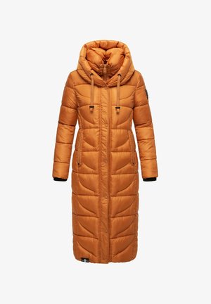 Lange pufferjas in oranje, met een grote capuchon, ritssluiting aan de voorkant en zijzakken. Gequilte afwerking met een gladde, glanzende uitstraling.