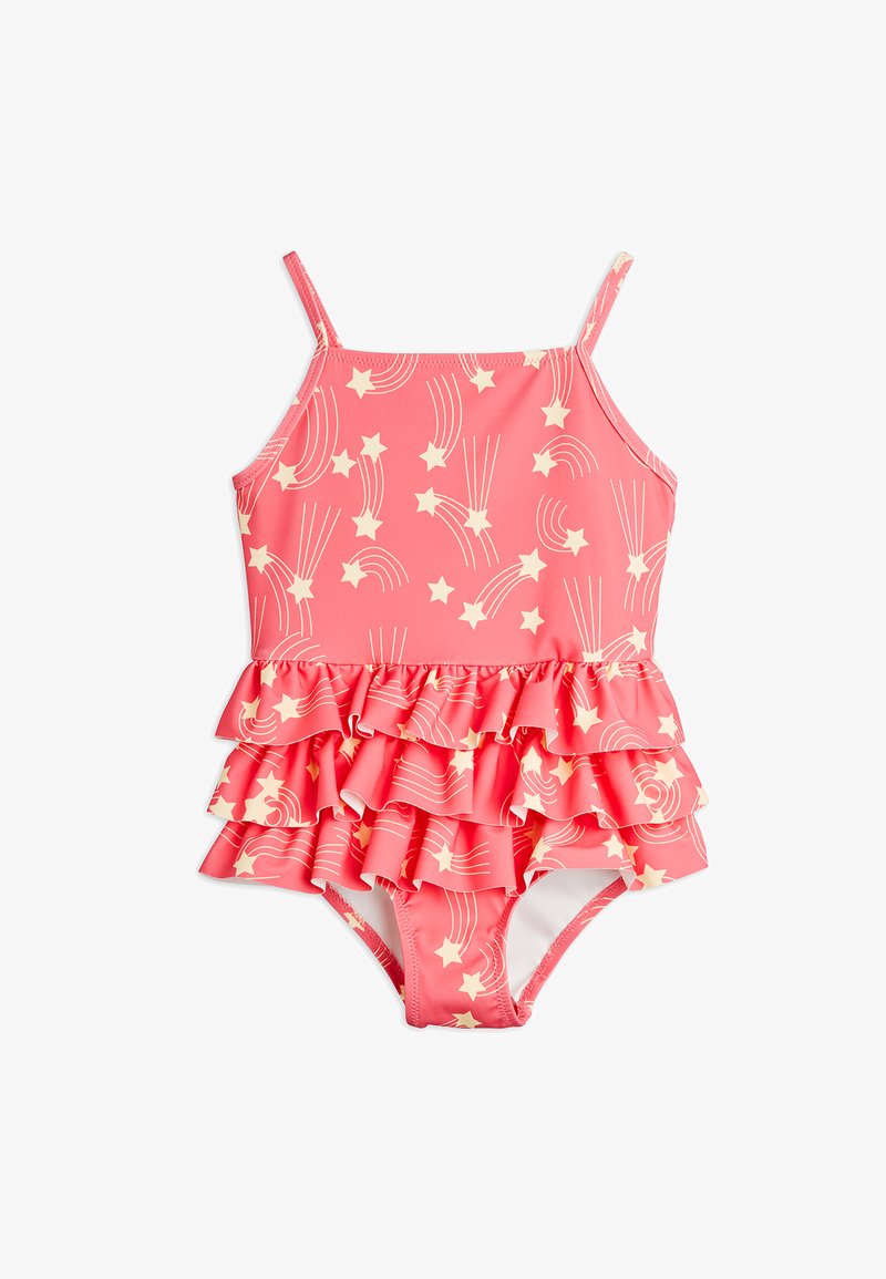 Maillot de bain rose pour tout-petit avec motifs d'étoiles filantes et jupe à volants superposés, doté de fines bretelles.