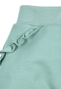 Licht mintgroene stof met een geribde tailleband en ruffle-accenten langs de zijkant, die een zachte textuur en een casual ontwerp laat zien.
