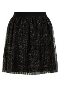 Svart tyllkjol med guldglittrande detaljer, plisserad design och en åtsittande midja, med ett lätt och strukturerat utseende.