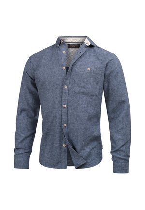 Blauw, textuur lang mouwen overhemd met knopen. Heeft een voorzak, een contrasterende kraag en houten knopen.