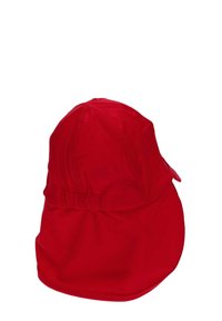 Cappello da sole rosso realizzato in tessuto leggero, con una parte superiore arrotondata, cinturino posteriore regolabile e una larga visiera per protezione dal sole.