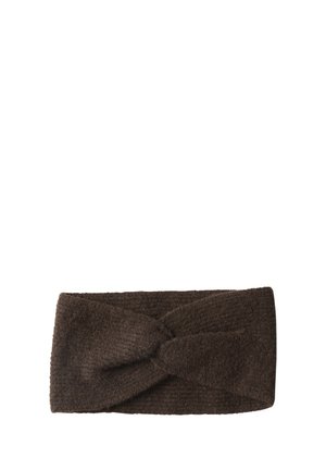 Brun strikket pandebånd med et snoet knudedesign i midten, lavet af blødt tekstureret stof.