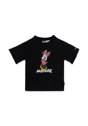 T-shirt in cotone nero con un grafica di Minnie Mouse con un fiocco a pois e il nome "MINNIE" in lettere bianche in grassetto. Maniche corte.