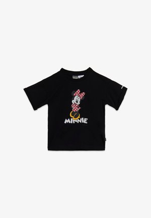T-shirt in cotone nero con un grafica di Minnie Mouse con un fiocco a pois e il nome "MINNIE" in lettere bianche in grassetto. Maniche corte.