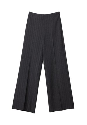 Pantalon à jambes larges en tissu gris foncé avec des fines rayures discrètes. Il présente une taille haute et une texture lisse.