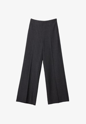 Pantalon à jambes larges en tissu gris foncé avec des fines rayures discrètes. Il présente une taille haute et une texture lisse.