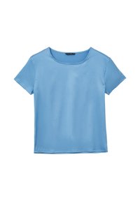Camicetta azzurra chiara a maniche corte realizzata in un tessuto liscio e morbido, con scollatura rotonda e design semplice, priva di motivi o dettagli visibili.