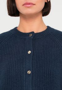 Μπλε πουλόβερ πλεκτό με στρογγυλή λαιμόκοψη, με υφή σχεδίου και τρία χρυσά κουμπιά στην μπροστινή πλευρά για κλείσιμο.