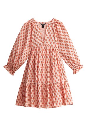 Pink long-sleeve dress with red floral pattern, V-neckline, gathered waist, ruffled cuffs, and tiered skirt.