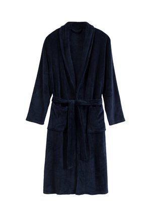 Granatowy szlafrok z polaru z długimi rękawami, kołnierzem typu szal, związanym w pasie oraz dwiema przednimi kieszeniami. Miękka tekstura i pełna długość.