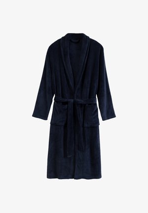 Granatowy szlafrok z polaru z długimi rękawami, kołnierzem typu szal, związanym w pasie oraz dwiema przednimi kieszeniami. Miękka tekstura i pełna długość.