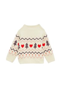 Cremfarbener Strickpullover mit Zickzackmuster, verziert mit schwarzen Bäumen, roten Herzen und einer weichen Textur. Raglanärmel, runder Ausschnitt.