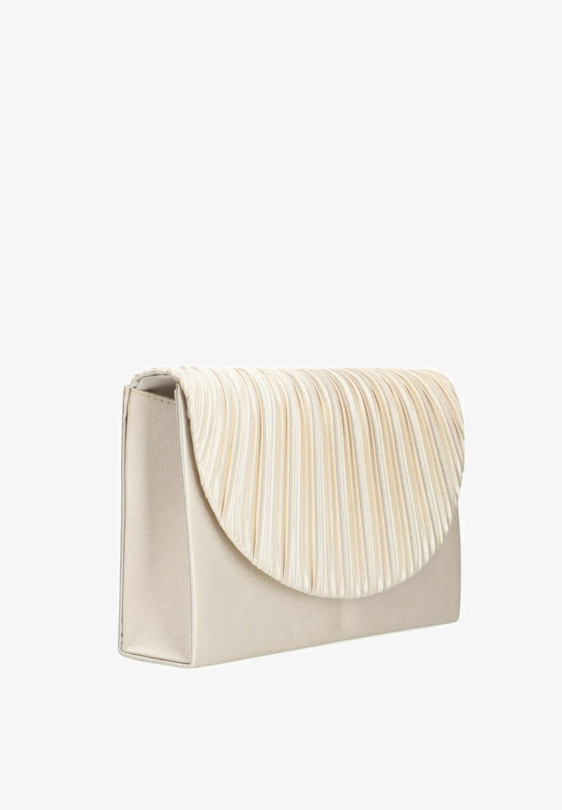 Clutch bag in cream satin with a pleated, rounded flap. Rectangular shape with a smooth texture and no visible hardware or accents.